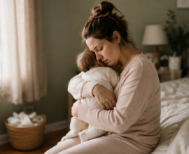 The image captures a quiet, authentic moment between a young mother and her baby