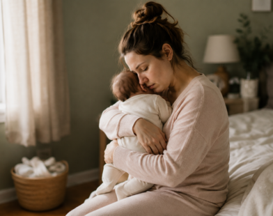The image captures a quiet, authentic moment between a young mother and her baby
