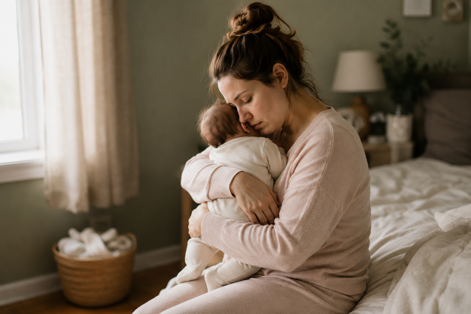 The image captures a quiet, authentic moment between a young mother and her baby